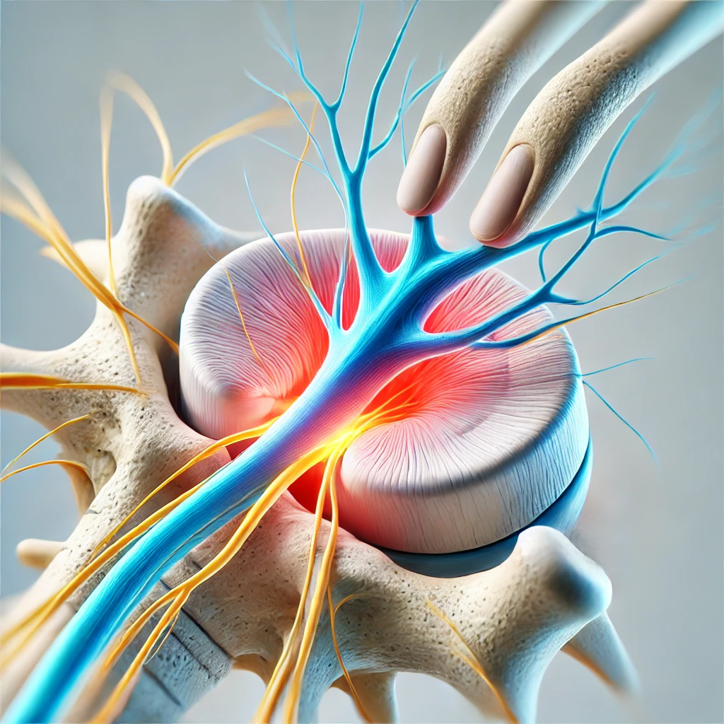 DALL·E 2025 01 26 11.26.08 An anatomical illustration of a nerve being pinched, with a modern and scientific aesthetic. The image highlights a nerve in vibrant colors (such as b